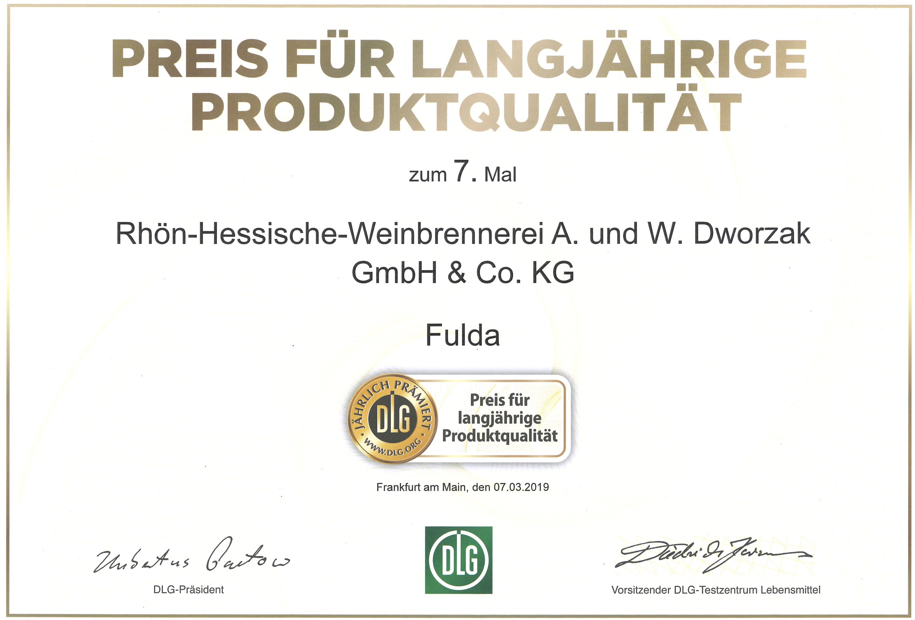 Urkunde Preis für langjährige Produktqualität