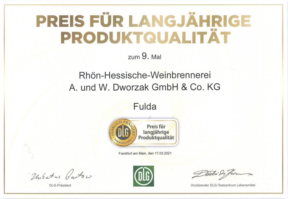 Urkunde Preis für langjährige Produktqualität